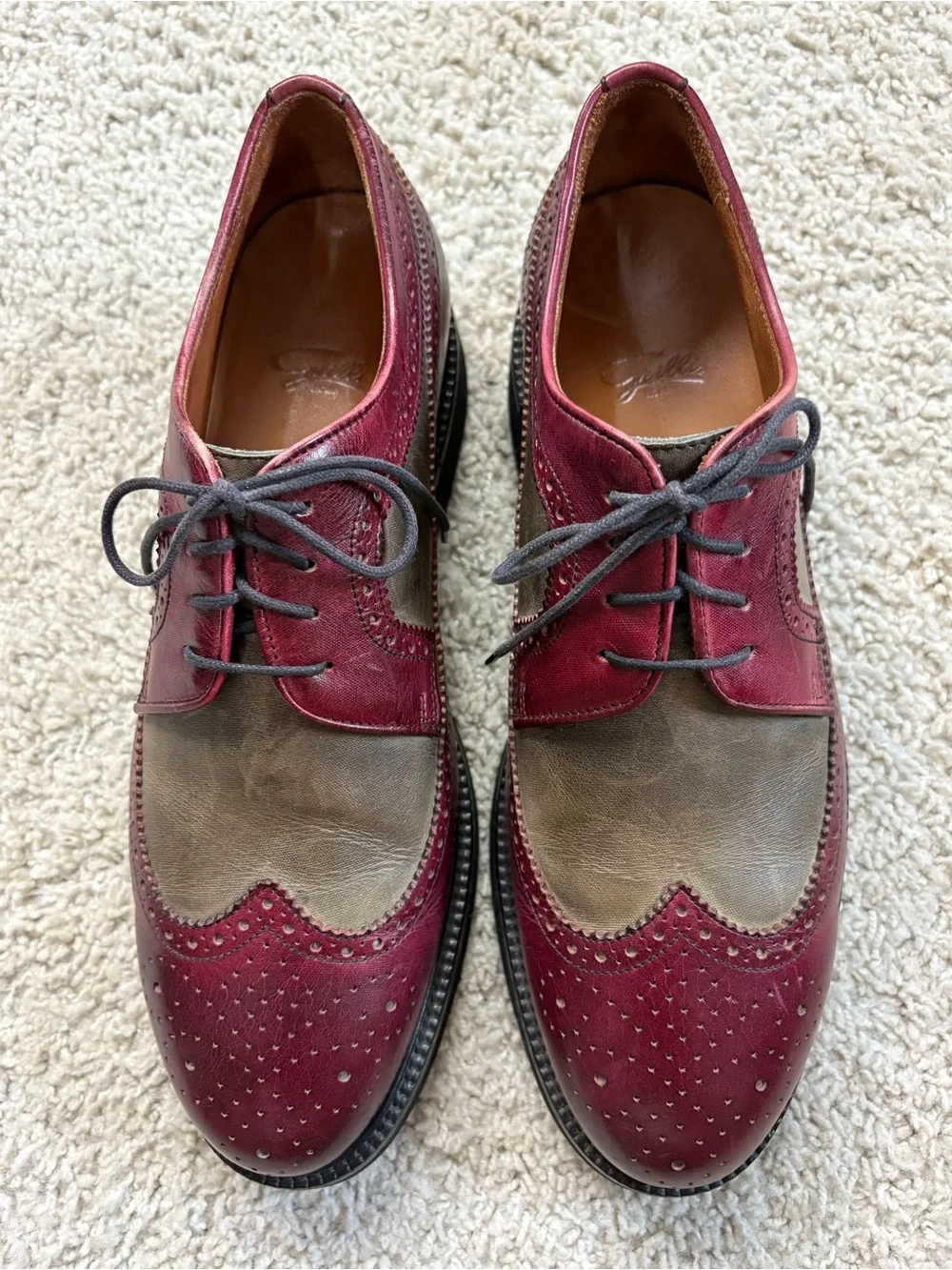 Men's EREDI GRILLI ROMA Burgundy & Grey Leather WINGTIP Derby OXFORDS Shoes  11